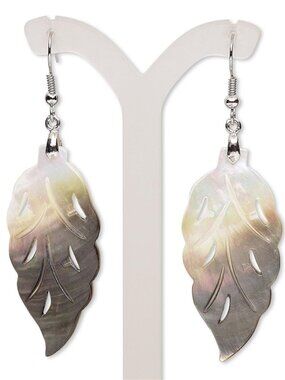 Handcrafted Natural Organic Pale Black Lip Shell Cutout Leaf Pendant Earrings